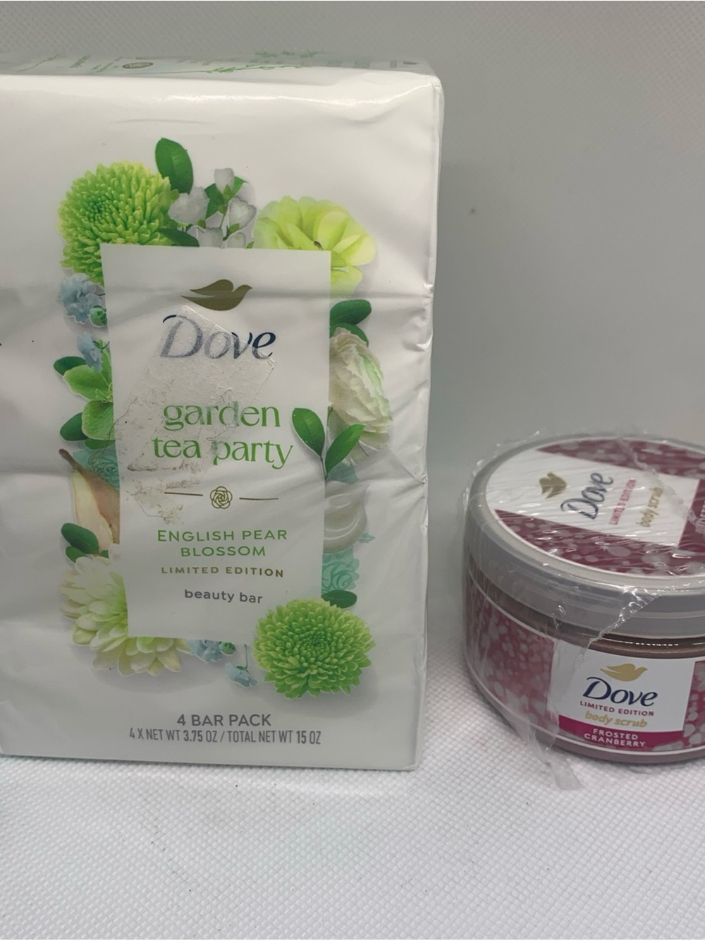 Dove Limited English Pear Blossom Beauty Bars Set of 4 and Cranberry Body Scrub